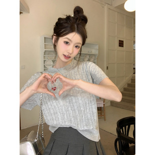 Summer Korean Style Loose College Age-Reducing Twist Embroidery Design Knitted Short-Sleeved Top
