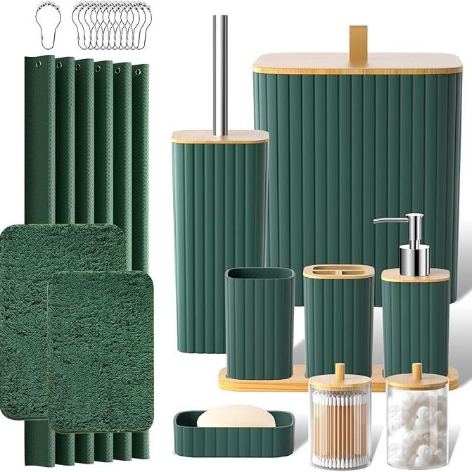 Yufei YUFE baño juego de 24 piezas con cortina de ducha tapete de piso juego de baño bote de basura de rayas cuadradas kit de venta caliente transfronterizo