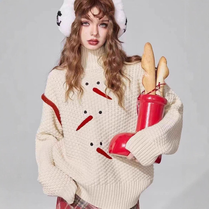 Fairy's Pocket High Neck Pullover Christmas Sweater Women's 2025 Autumn and Winter New Snowman Embroidery Soft and Cute