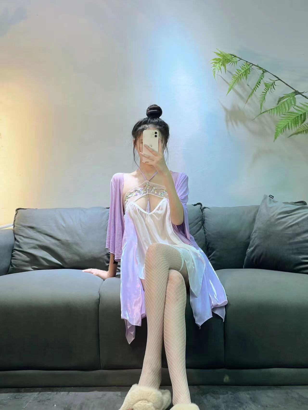 Maid Roleplay Costume Set with Halter Hanfu Top, Chiffon Fabric, Purple Three-piece — detail image 4