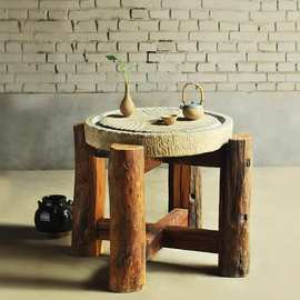 老石磨盘茶桌石桌老式用围炉茶台碾盘木底座茶盘民俗老石器石磨桌