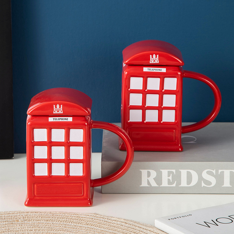 复古欧美电话亭造型杯子创意陶瓷杯红色带盖新奇马克杯咖啡杯水杯