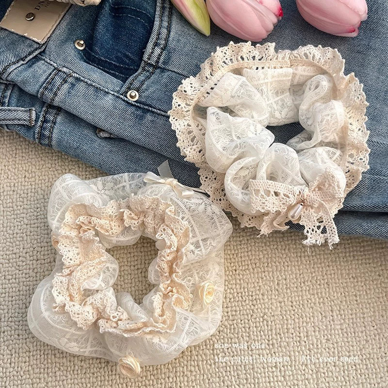 甜美蕾丝大肠发圈奶油白花边仙女头花韩系网红新款子头发绳扎头发|undefined