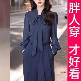 200斤高档大码雪纺套装春装女2025新款蝴蝶结上衣阔腿裤两件套