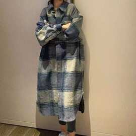 秋冬装新款磨毛大码女装宽松格纹羊外套格子中长款大衣图片色