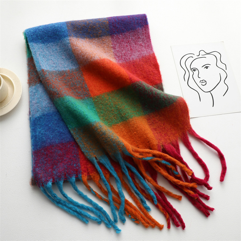 Sciarpa da donna alla moda invernale imitazione cashmere filato ad anello addensato calore scialle arcobaleno pannello scozzese nappe_voghion.com