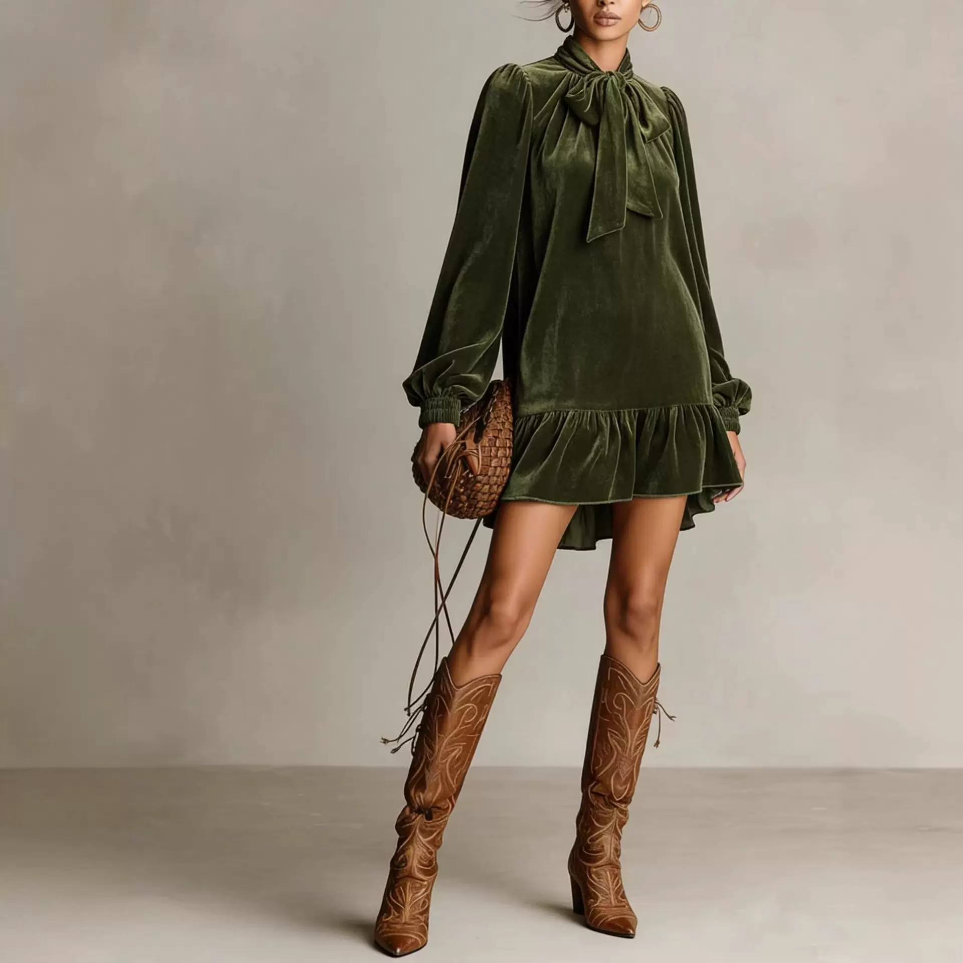 欧美跨境优雅复古风裙子女宽松灯笼袖蝴蝶结纯色荷叶边丝绒连衣裙