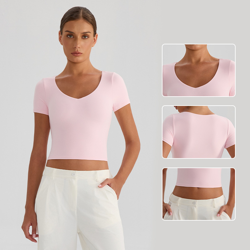 Yoga Short-Sleeve T-Shirt, Same Style as Skims, Double-Layer Fabric, High Elasticity, Fashionable, Sexy, Slim-Fit, Crop Top, High Elasticity and Comfortable