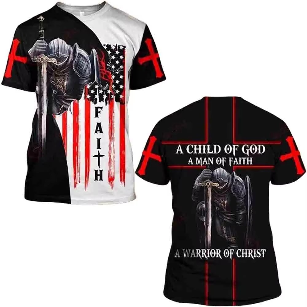 Camiseta transpirable de hombre transpirable de hombro de manga corta de cuello redondo casual con estampado 3D de guerrero de la Cruz Roja transfronteriza europea y americana