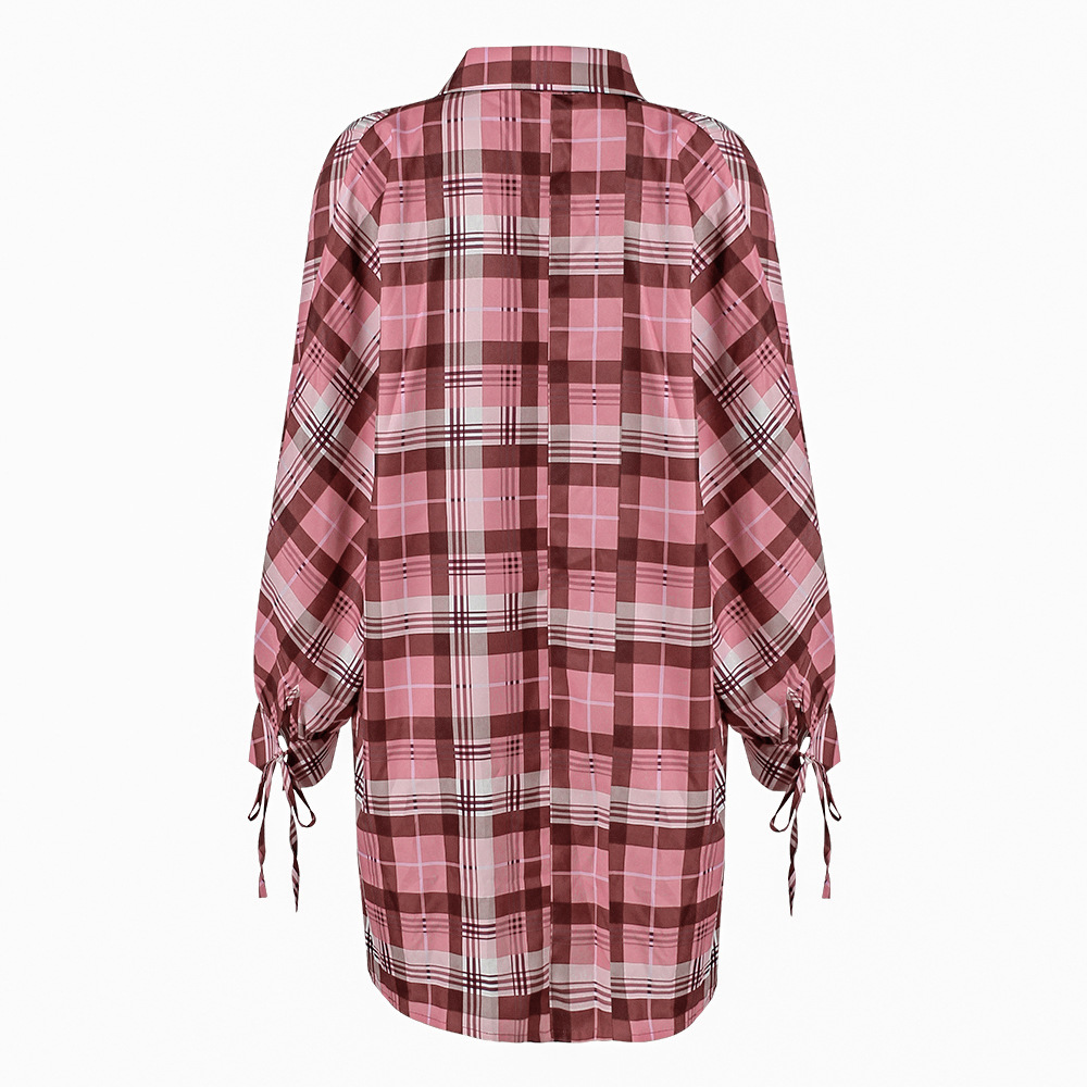 Plaid Print Long-Sleeved Lapel Loose Casual Shirt Dress NSKX109216