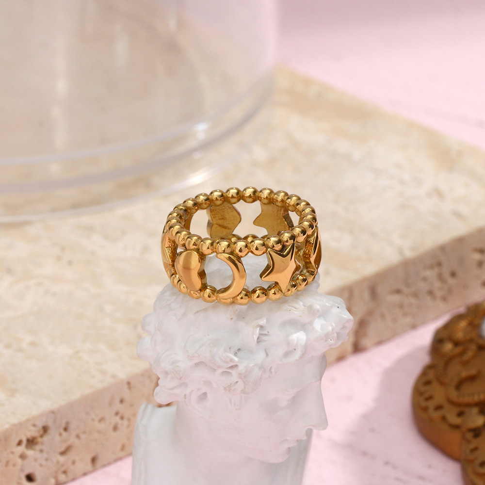 Fashion Stainless Steel Plated 18K Hollow Star Moon Heart-Shaped Ring