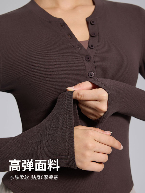 秋季新品长袖瑜伽服女t恤罗纹纽扣亨利领上衣高弹透气跑步健身衣|undefined