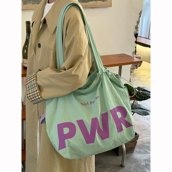 Korean Ins Lazy Style Drawstring Nylon Tote Bag for Women 2025 New Large Capacity Shoulder Bag Letter Shopping Bag