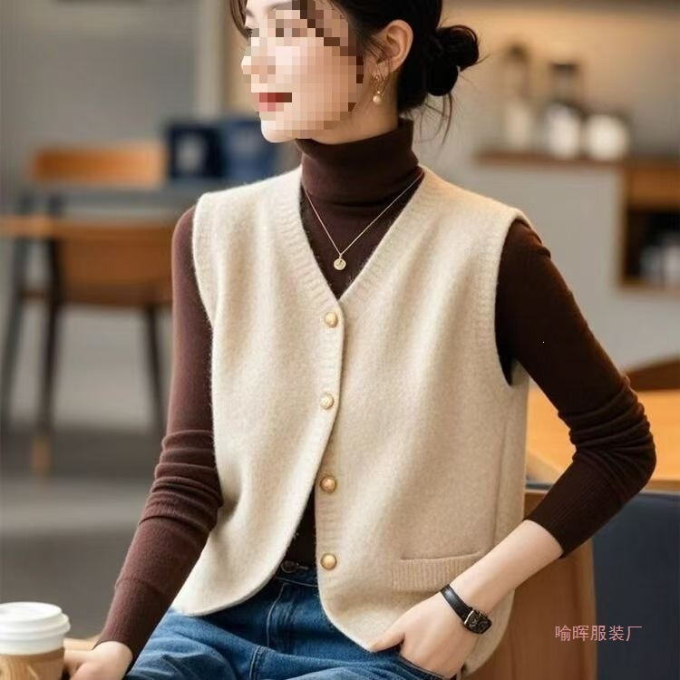 Spring and Autumn New Style Solid Color Elegant Youthful Knitted Vest Fashionable Versatile Autumn and Winter Cardigan Sleeveless Top