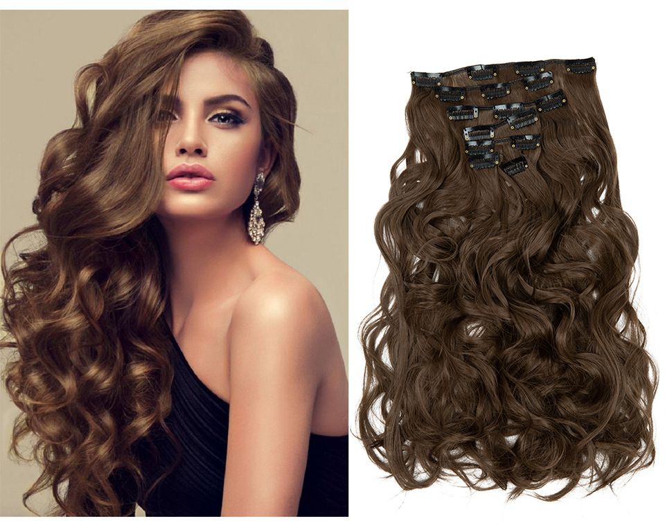 Ensemble de perruques synthétiques 16 cartes 7 pièces, cheveux longs bouclés pour femmes, extensions de cheveux en soie mate haute température_voghion.com