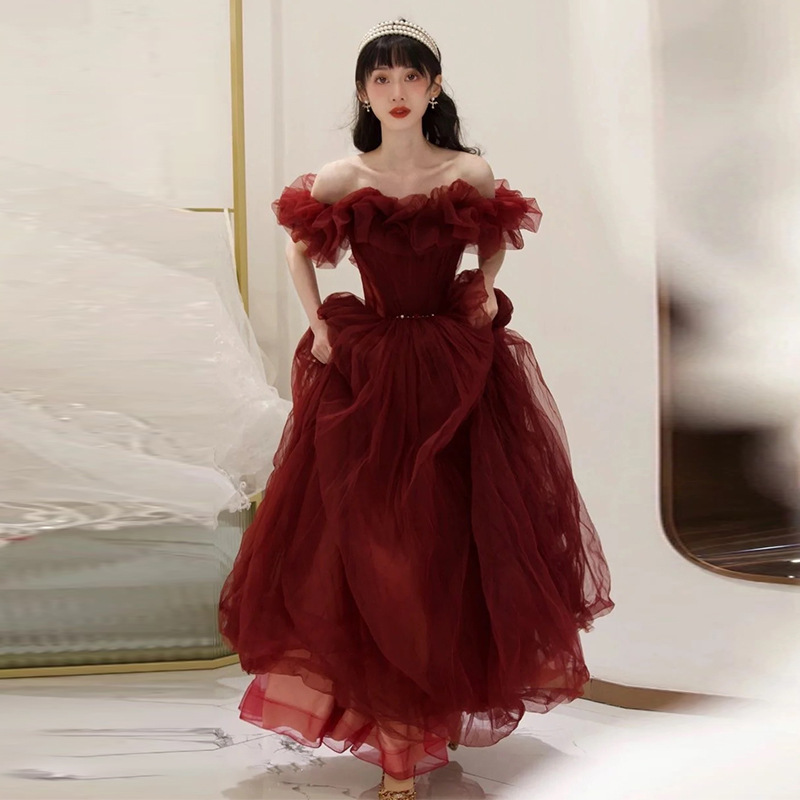 Off-shoulder burgundy toast bridal French puffy gauze bar mitzvah banquet host performance evening dress female Off-shoulder burgundy toast bridal French puffy gauze bar mitzvah banquet host performance evening dress female