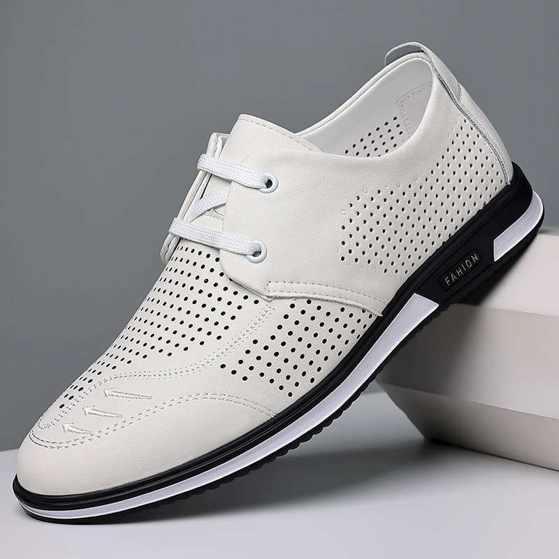 Кожаная обувь, мужская летняя 2023, новая мужская повседневная обувь с дырками, полая дышащая Универсальная кожаная Белая обувь с мягкой подошвой