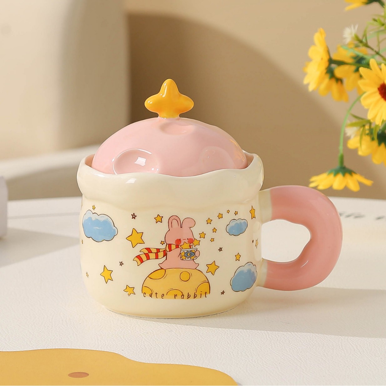 Copa de cerámica encantadora de dibujos animados planetas tazas con cubierta de cumpleaños para regalar tazas de agua de chicas regalo de mano tazas de oficina image 9