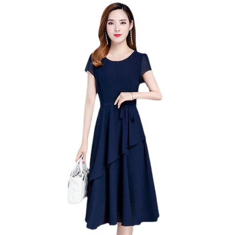 2025 Summer New Korean Style Slim-fit Slimming Solid Color Dress Women's Mid-length dress Women's Stitching Lace-up A- line Dress