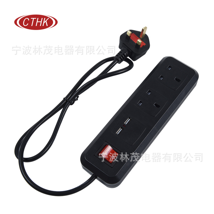 工厂直销 新款 黑色英式2孔位插座 插线板带2个USB 带开关