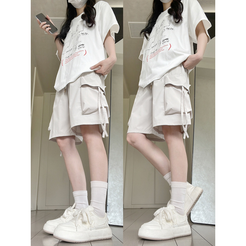 American Retro Off-White Work Shorts for Women, New Summer High-Waisted A-Line Shorts with Large Pockets, Quick-Dry Sports Shorts