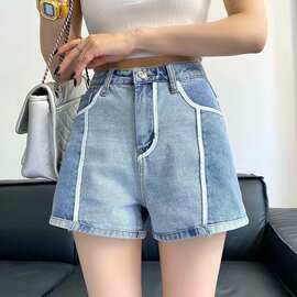 韩版AB面拼色牛仔短裤女2021夏款高腰包边休闲A字阔腿裤宽松热裤