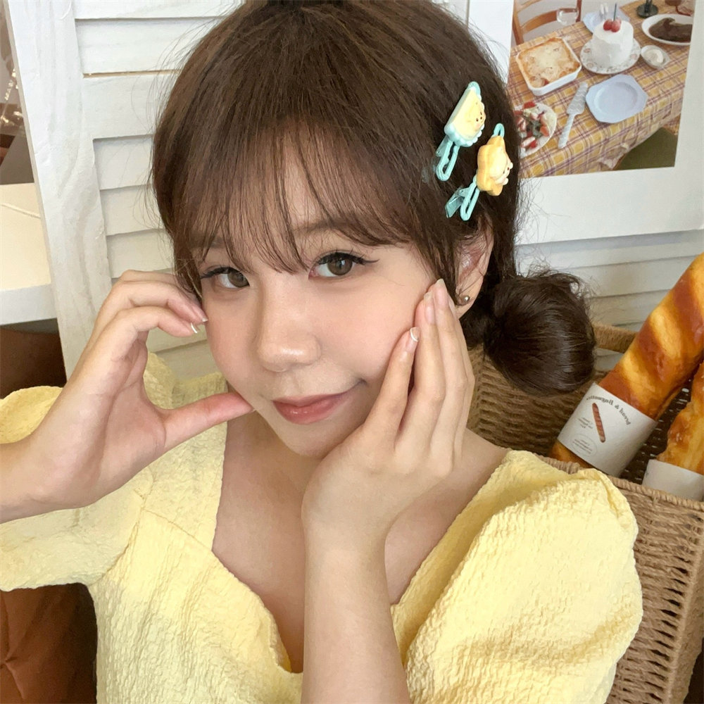 Adorable leche amarilla oso adornamiento de cabello conjunto dulce chica corazón clip de cabello anillo de dibujos animados buquetas clip de cabello cola de caballo cuerda de cabello