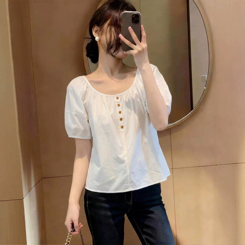 2026 Summer New Style Round Neck Short-Sleeved Loose Babydoll Shirt Women's One-Line Collar Fashionable Sweet Top Summer