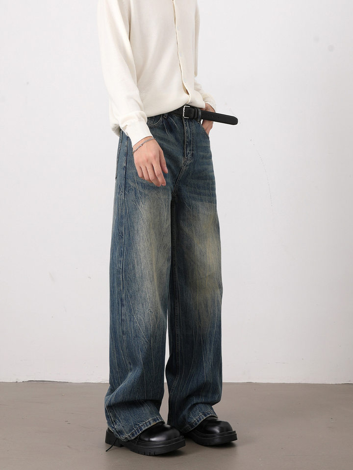 Quần jean nam ống rộng dáng suông màu xanh wash, râu mèo, phong cách đơn giản dễ phối đồ — Màu xanh dương