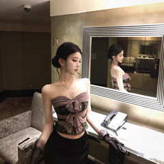 JAYKY YANG古董情书紫金色中古蕾丝抹胸女蝴蝶结拼接修身上衣