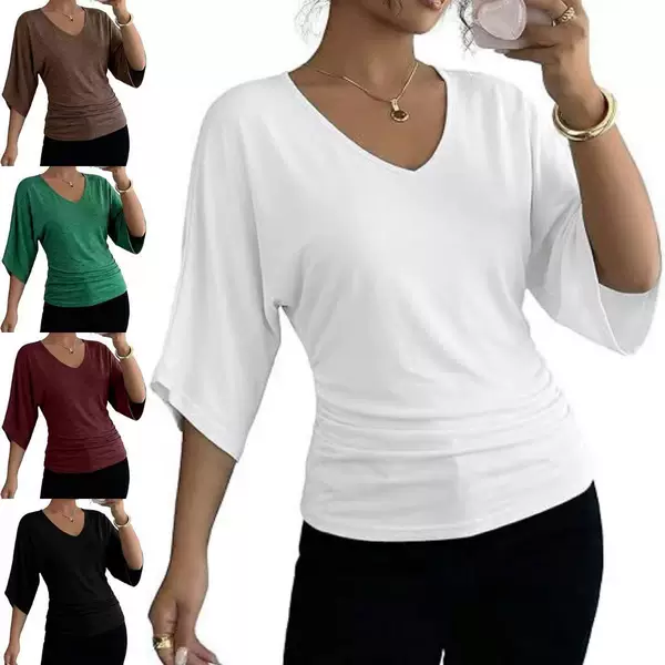 2026 Cross-Border European and American Amazon Casual Solid Color V-Neck Slimming Drapey Batwing Sleeve Top