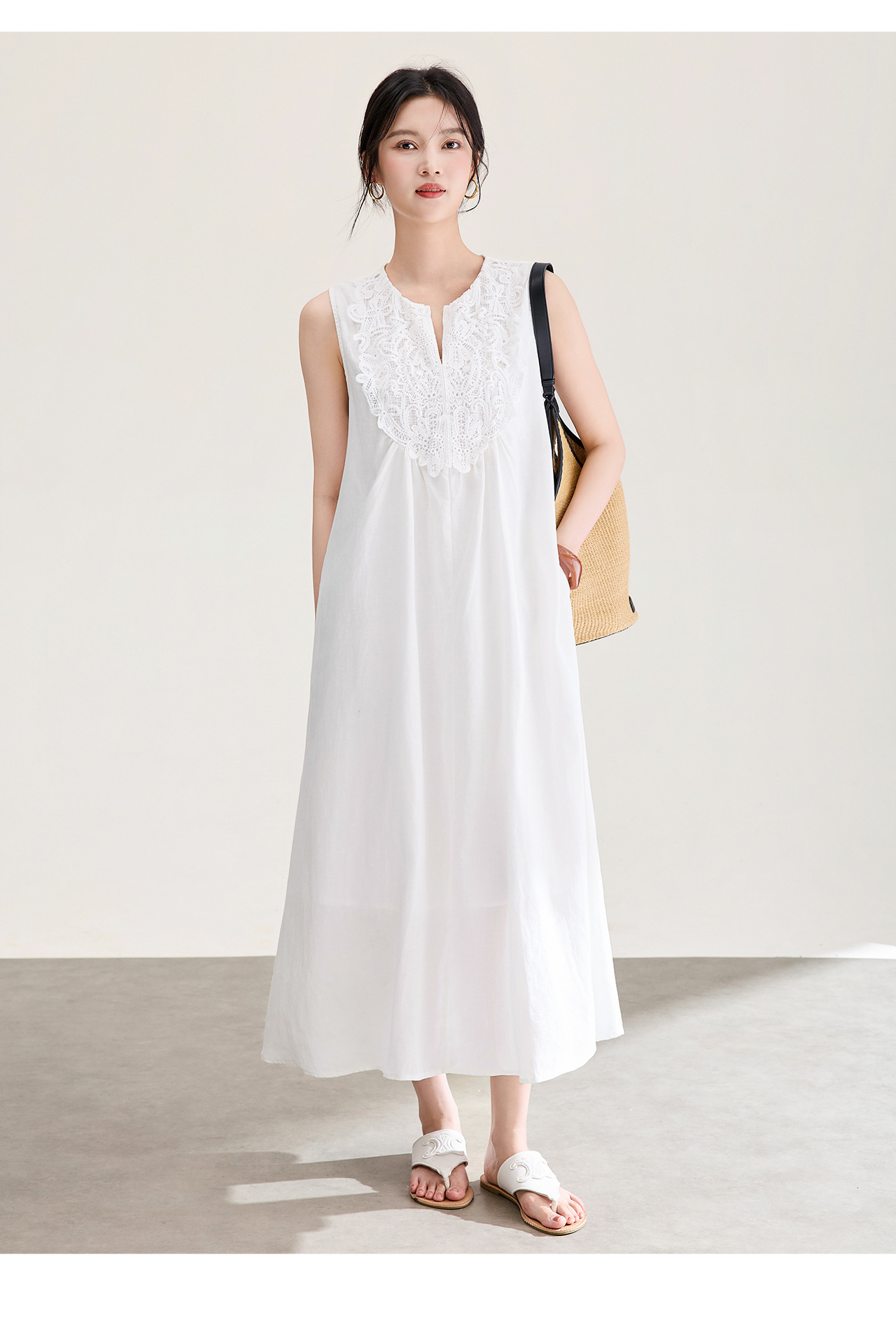 Đầm maxi nữ dáng suông không tay chất liệu tencel phối ren jacquard thêu họa tiết — màu trắng chi tiết 14
