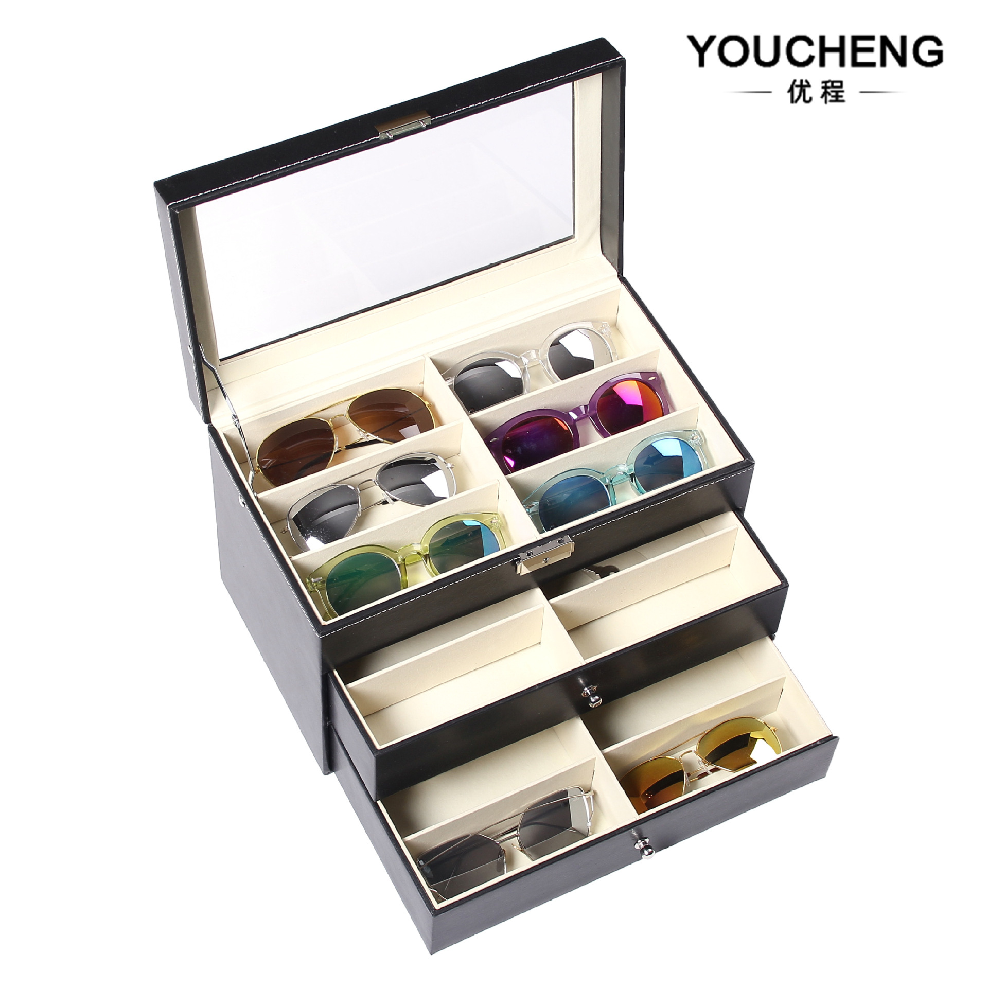 现货批发黑色皮革三层眼镜收纳盒太阳眼镜盒18格/位墨镜展示盒