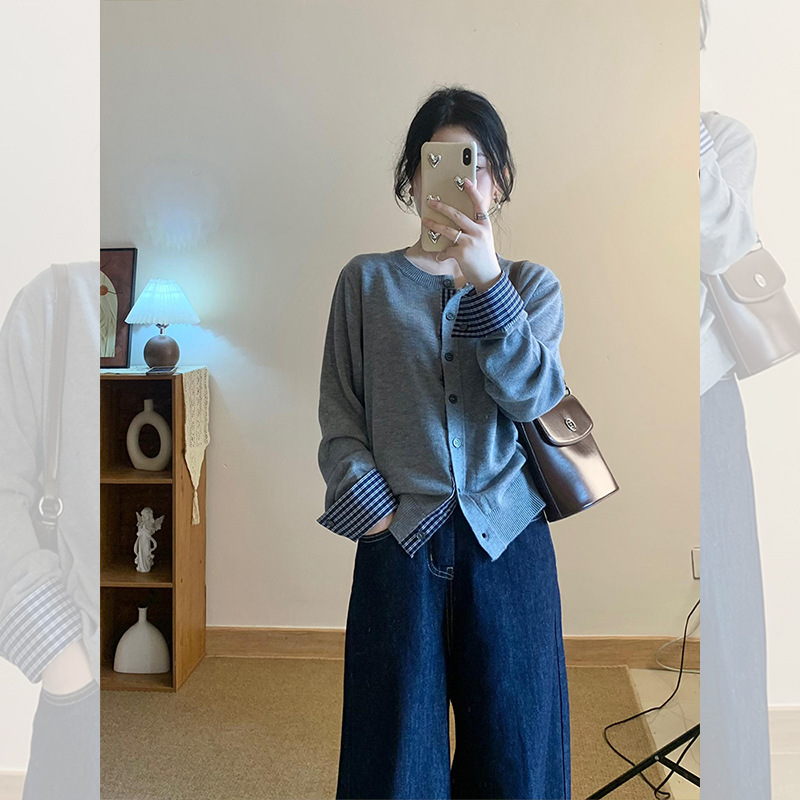 灰色小香风假两件打底衫开衫毛衣外套女秋冬慵懒设计感针织衫上衣|undefined