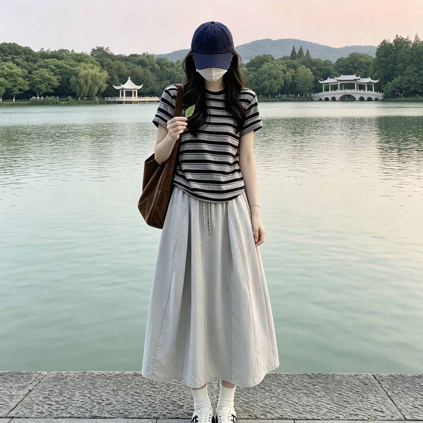 2026新款条纹T恤半身连衣裙女夏季小个子巨好看穿搭一整套装长裙