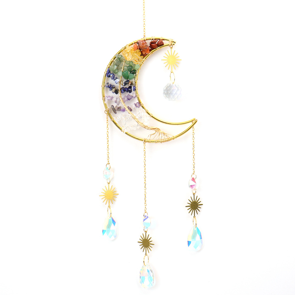 Hecho a mano bobinado natural cristal grava vida árbol Luna Sol catcher adornos campanas de viento colgante decorativo T02