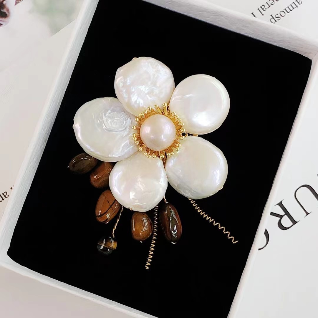 Freshwater Pearl Tiger Eye Stone Handmade Woven Brooch Pin Can Be Used as a Pendant Factory Wholesale Tiktok Same Style for Women