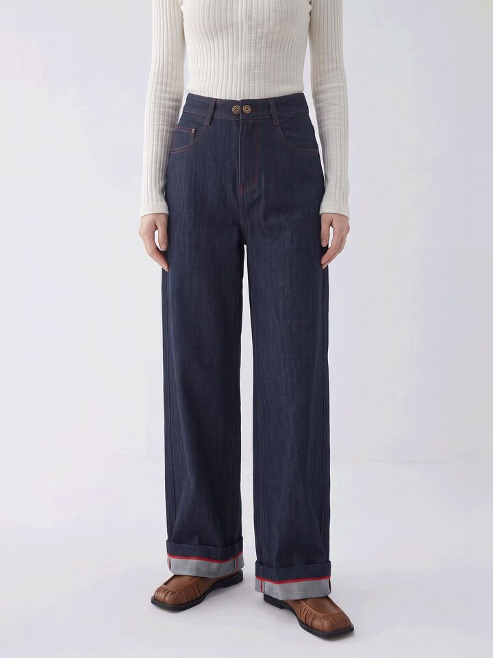 Quần jean ống rộng nữ lưng cao dáng suông dài phong cách thoải mái — Sâu denim xanh