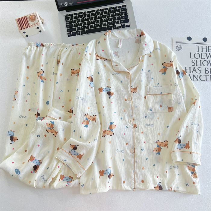 Pijamas al por mayor transfronterizos para mujer traje de algodón de nube de manga larga de otoño de dibujos animados lindo cárdigan de alta gama solapa servicio a domicilio