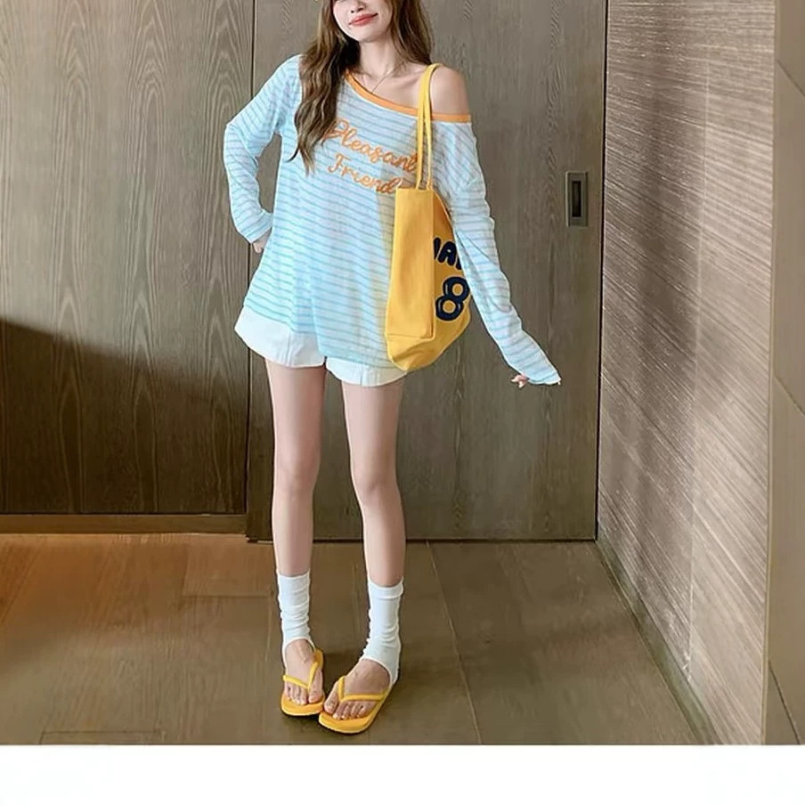 曾XIAO咸 韩系莱赛尔蓝白条纹斜肩长袖T恤防晒罩衫女夏季露肩上衣