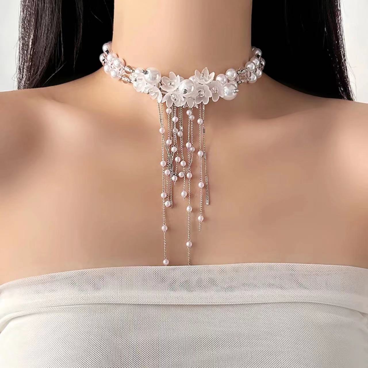 甜美超仙珍珠花朵流蘇項鍊女氣質小眾森系仙女頸鏈鎖骨鏈潮