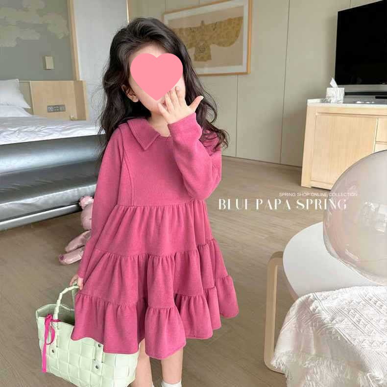 Girls Princess Dress Casual Autumn Dress Korean Style Pure Color Long Sleeve Fashionable 2024 New Style for Small and Medium-Sized Kidsren