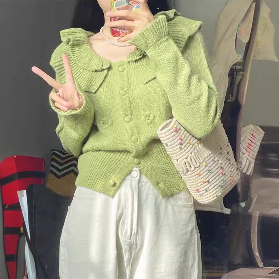 纯色立体小花针织毛衣开衫秋冬荷叶领单排扣学院风长袖外套女