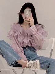 大码胖mm雪纺长袖衬衫女秋2025新款高级设计感不规则荷叶边上衣