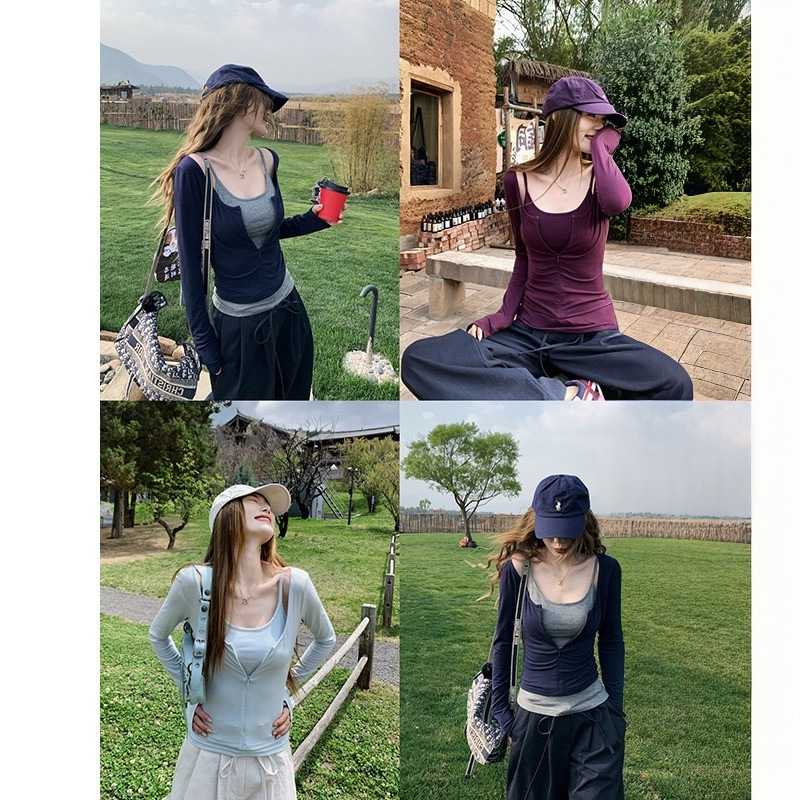 上新价  韩女曲线/玩转叠穿莱塞尔一体杯胸垫吊带小衫套装