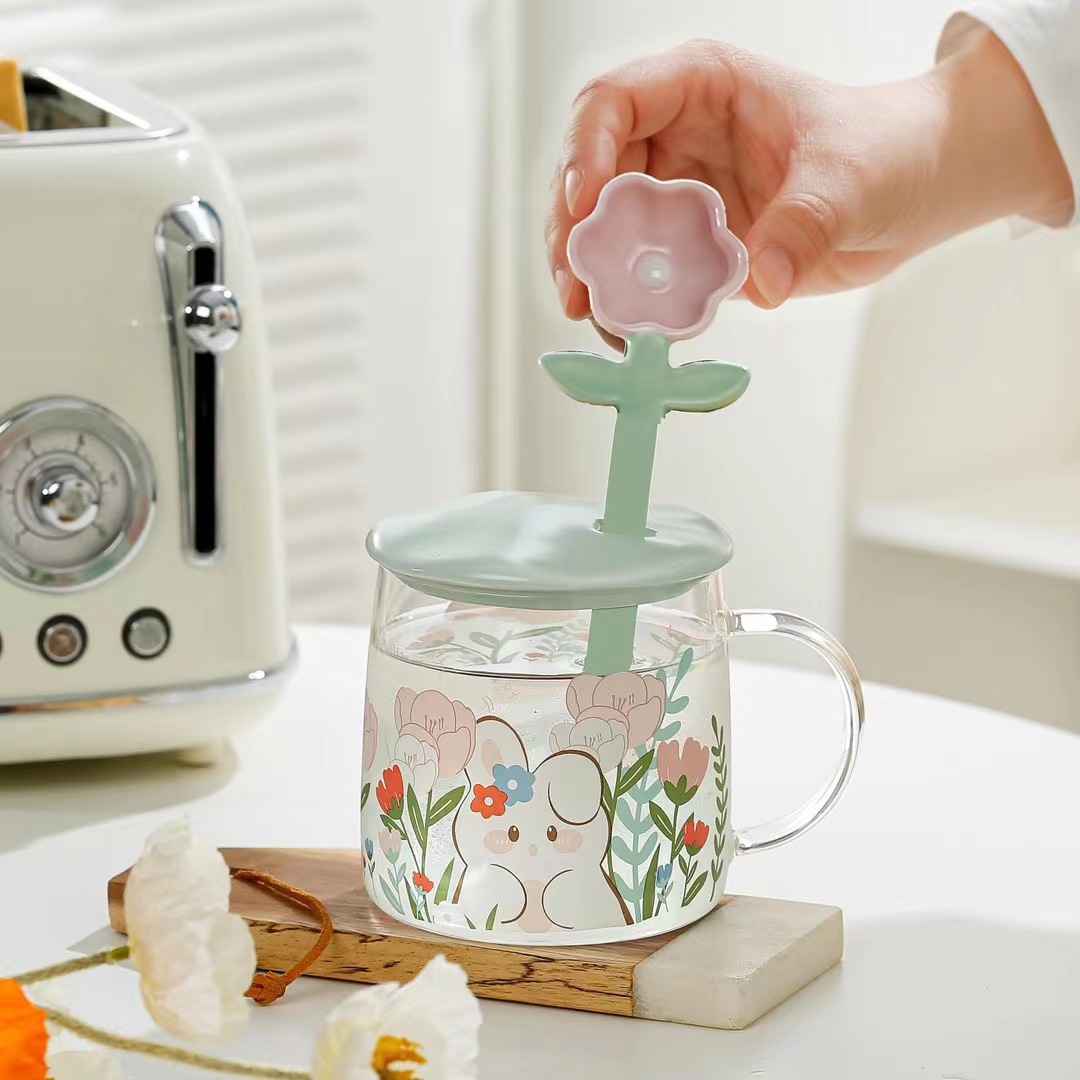 Creativo personalizado Flor de vidrio con tapa cuchara pequeño animal fresco de alto aspecto chica regalo casa taza