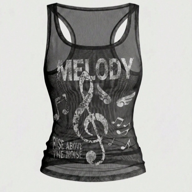 Hot Girl Y2K English Versatile Music Note Print Top Tank Top T-shirt for Women, Cross-Border Summer New Style, See-Through and Sexy