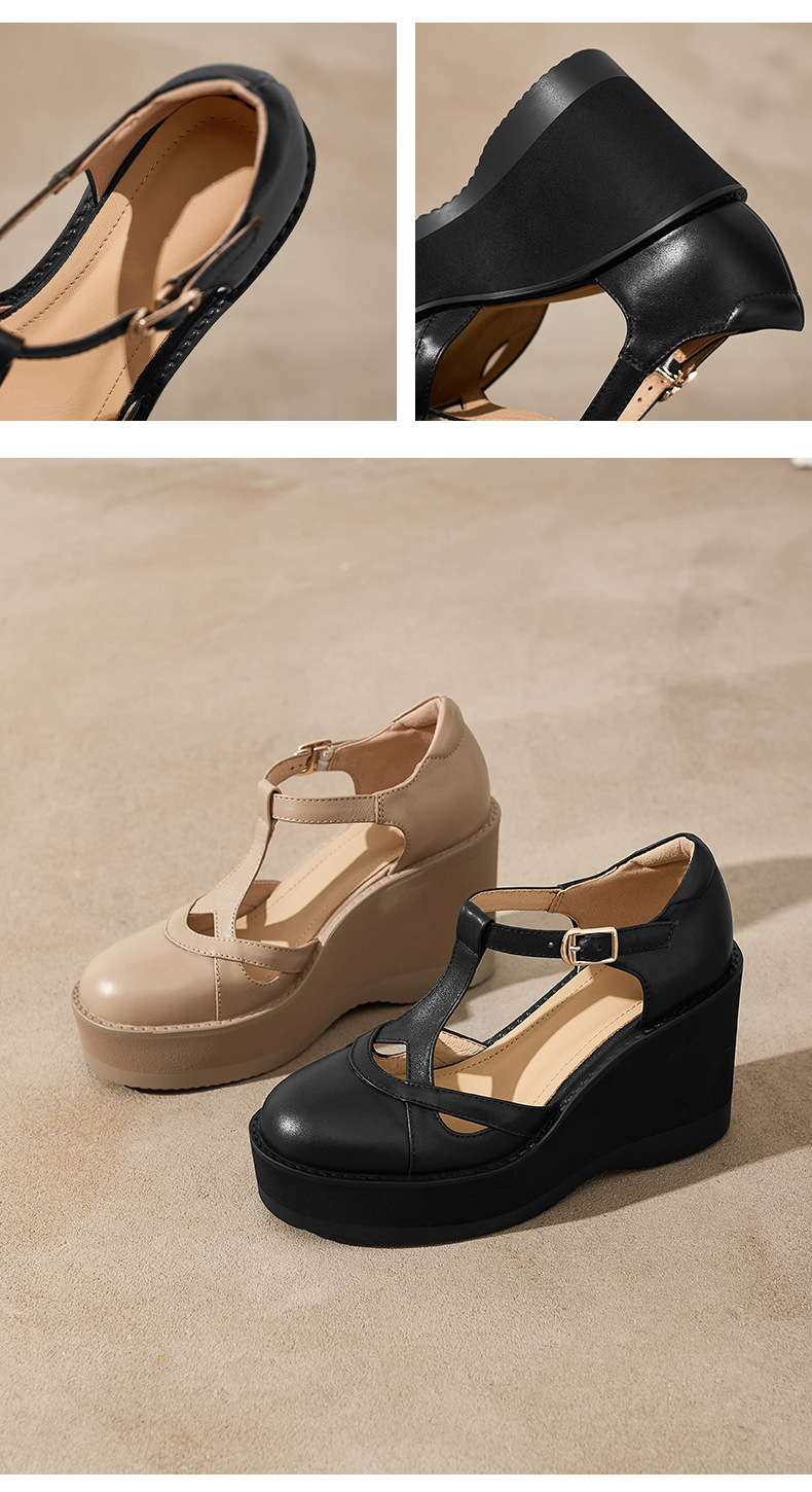 Sandal cao gót nữ quai ngang khóa T, đế dày platform, gót 9.5 cm — đen chi tiết 10