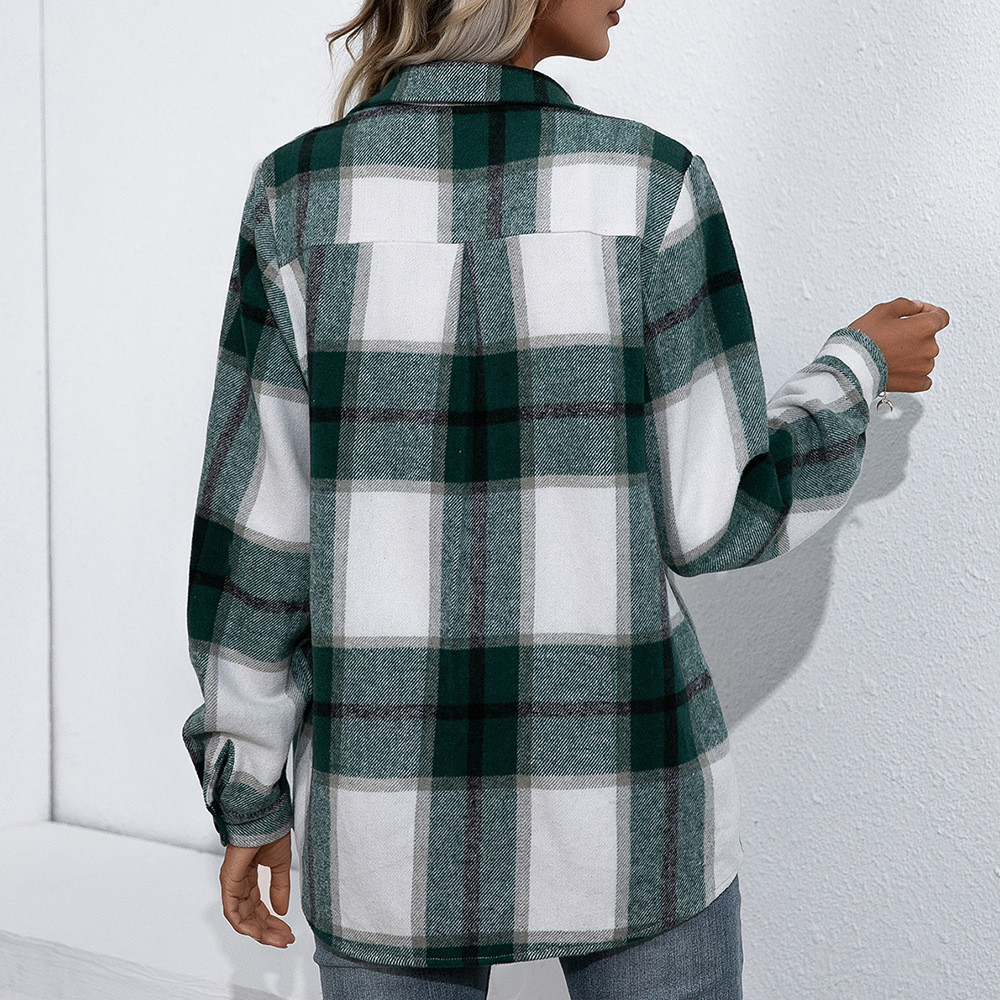 Foreign Trade wish European and American Autumn and Winter Long Sleeve Thickened Cashmere Plaid Top Loose Casual Shirt Coat Women