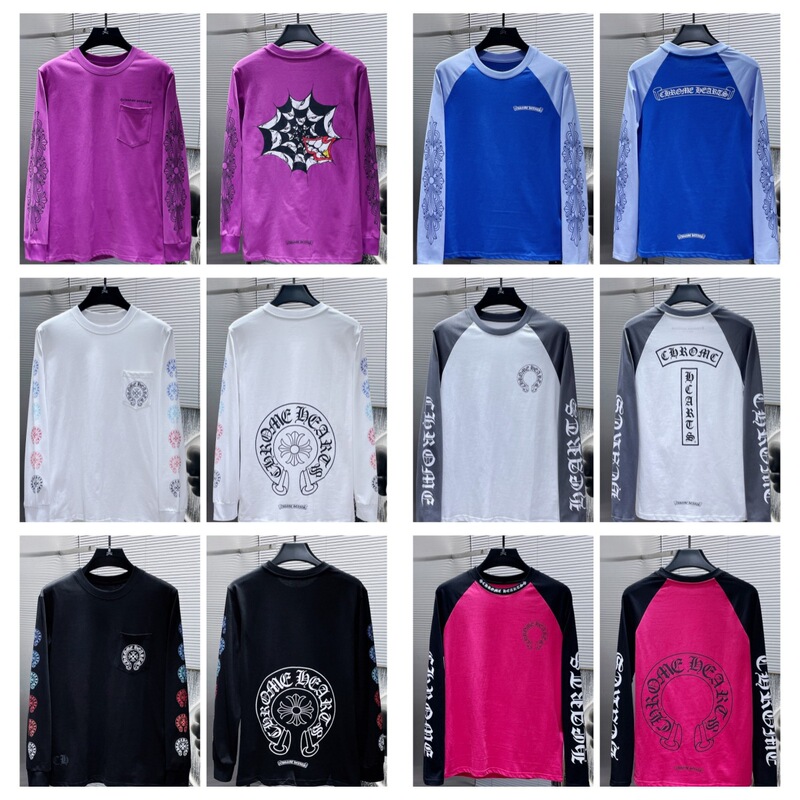 Chrome Hearts High-Quality Double Yarn Pure Cotton Color-Blocked Off-Shoulder Sleeves Autum Men's Long-Sleeved T-Shirt
